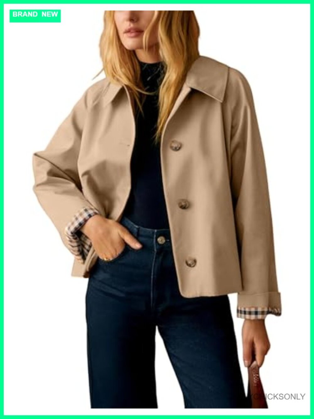 Womens Short Plaid Trench Coat Roll Up Sleeve Button Down Jacket Pockets